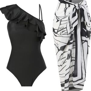 Black One-Shoulder Swimsuit with Ruffle and Black & White Sarong